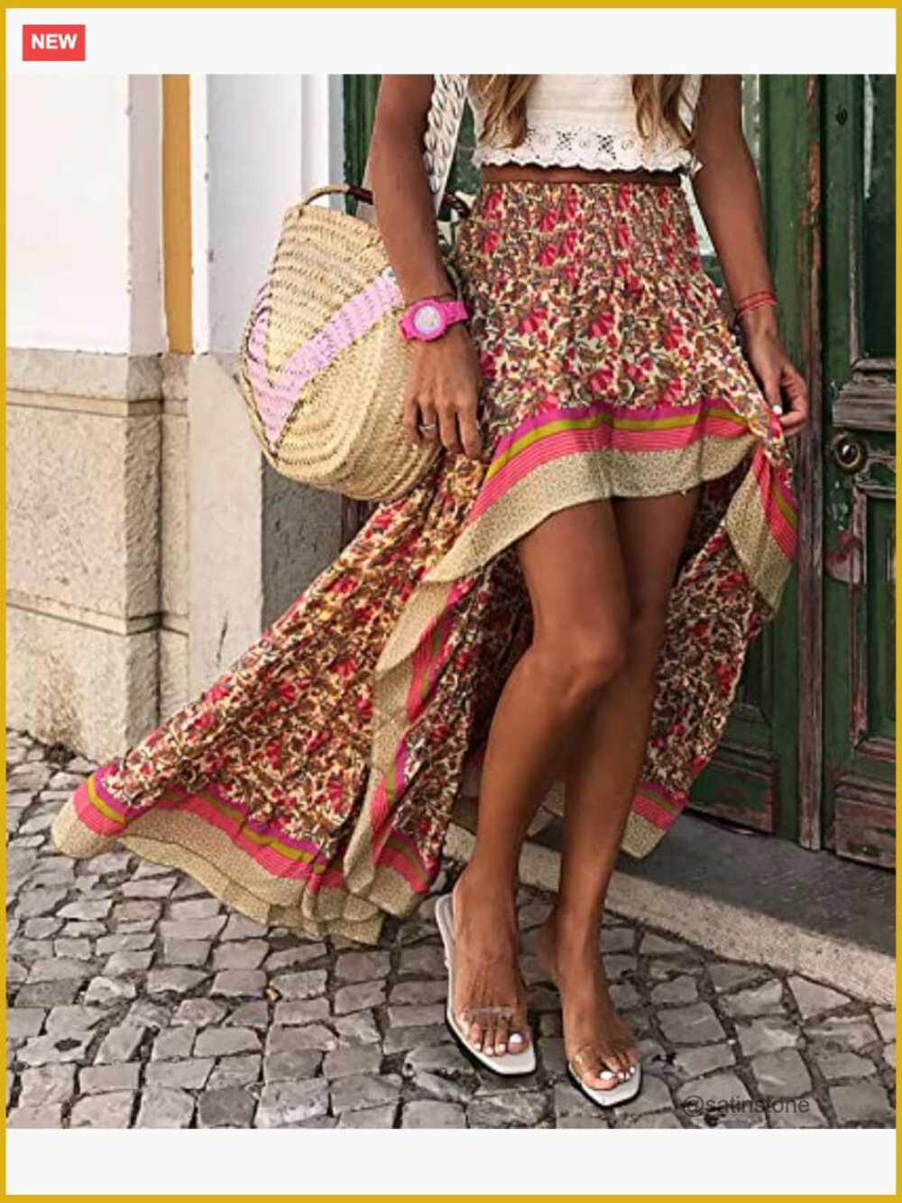 Women Floral Print Elastic Waist Maxi Skirt with Side Split - Picture 4 of 7